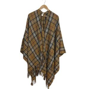 Worthington Poncho, open, cape, tan, red, black plaid